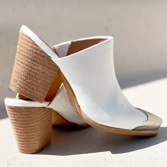 NEW White PU Leather Silver Metal Pointy Square Toe Block Heel Western Mule Shoe - Picture 12 of 13